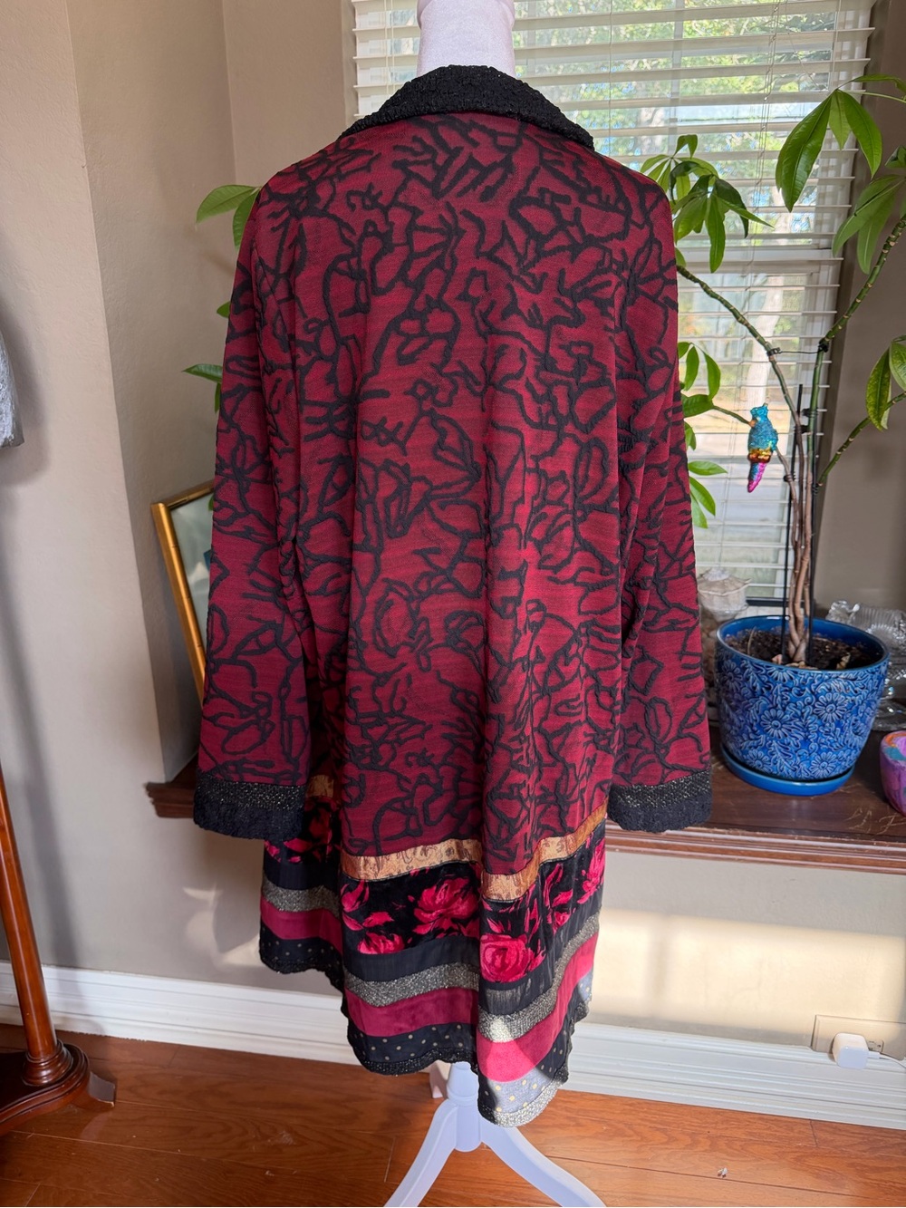 Chico's Burgundy Floral Tapestry Long Duster Coat with Black Trim - Picture 3 of 6